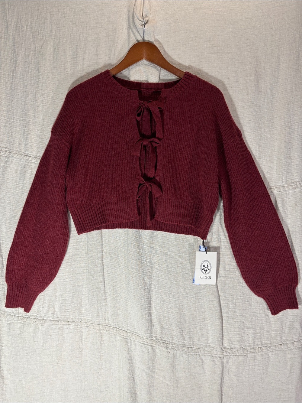 Cider NWT Burgundy Knit Tie-Front Bow Cropped Cardigan Sweater Small Balletcore